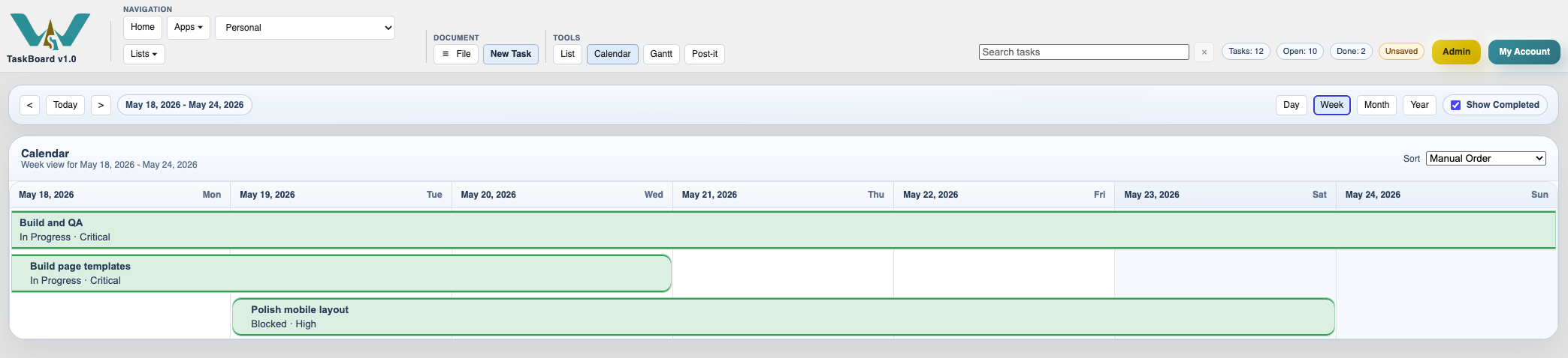 TaskBoard calendar week view.
