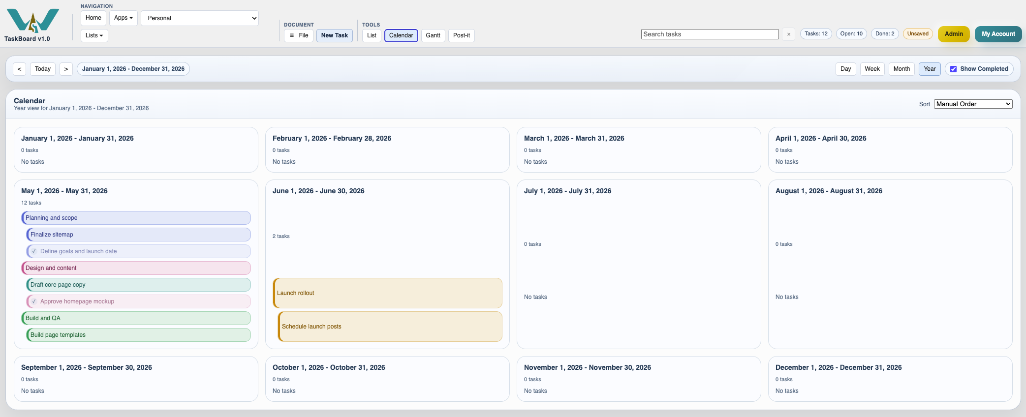 TaskBoard year calendar view.