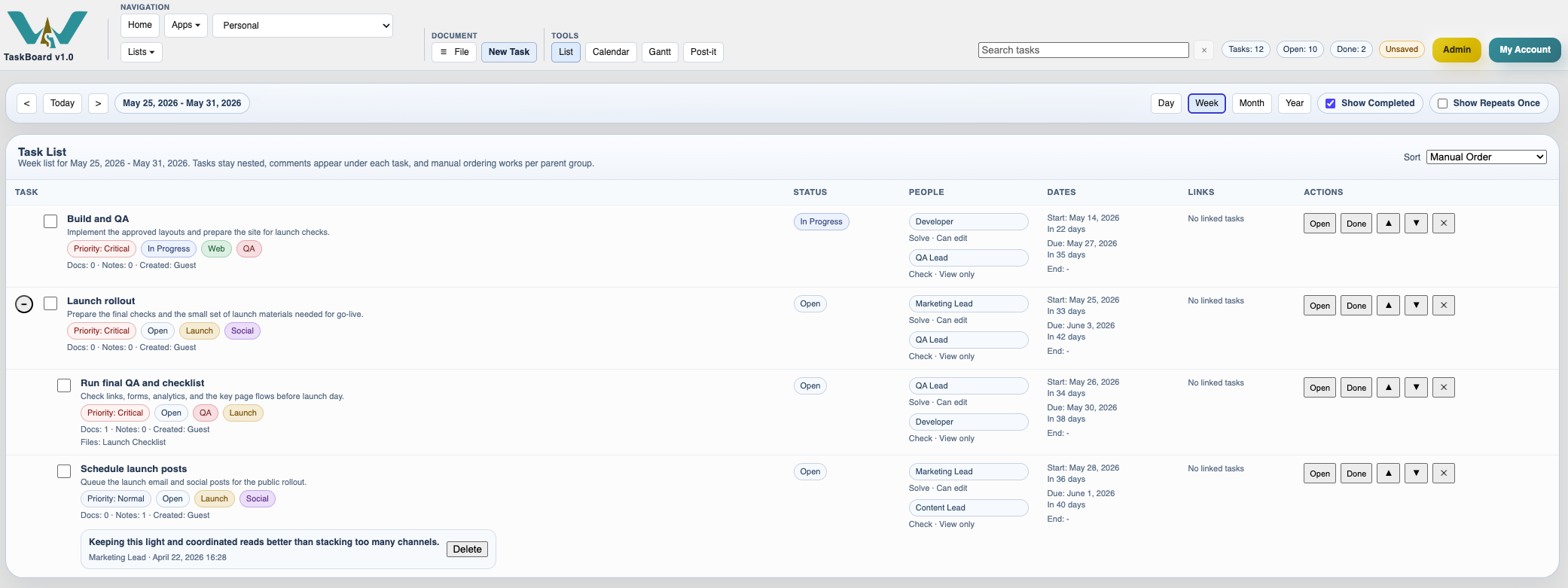 TaskBoard week list view.