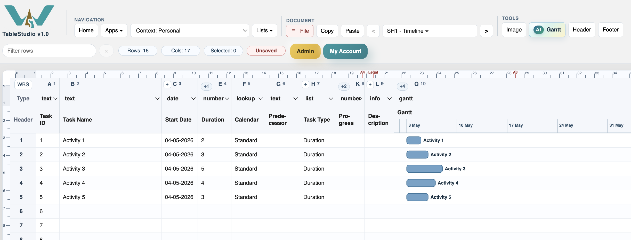 Small five-task TimeLine schedule with Gantt bars visible.