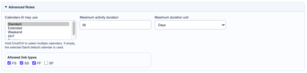 Create Gantt With AI modal with Advanced Rules open.