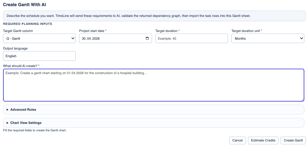 Create Gantt With AI modal showing the required planning inputs.