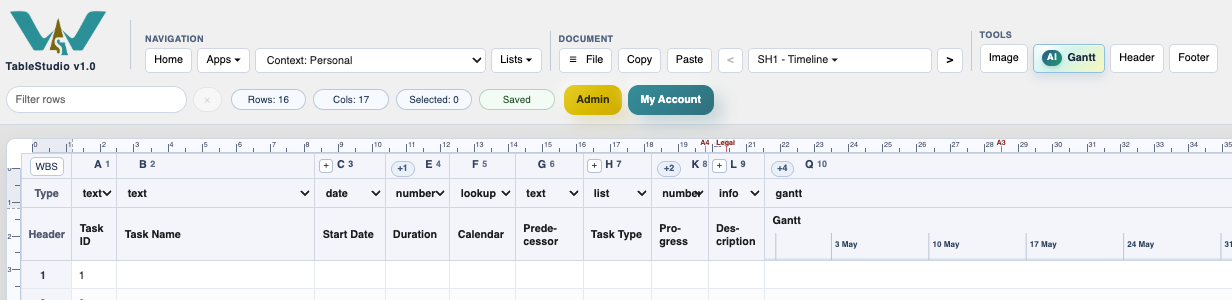 TimeLine toolbar showing the AI Gantt button.