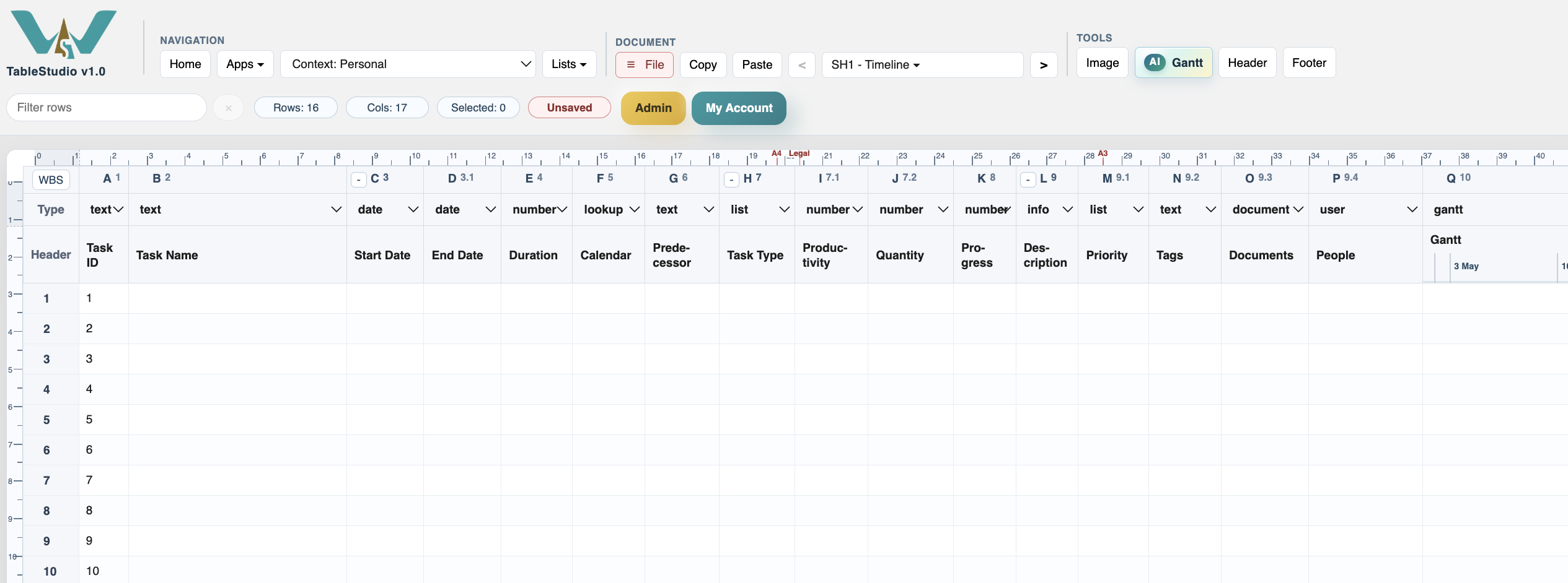 New TimeLine file showing all Gantt-related columns expanded.