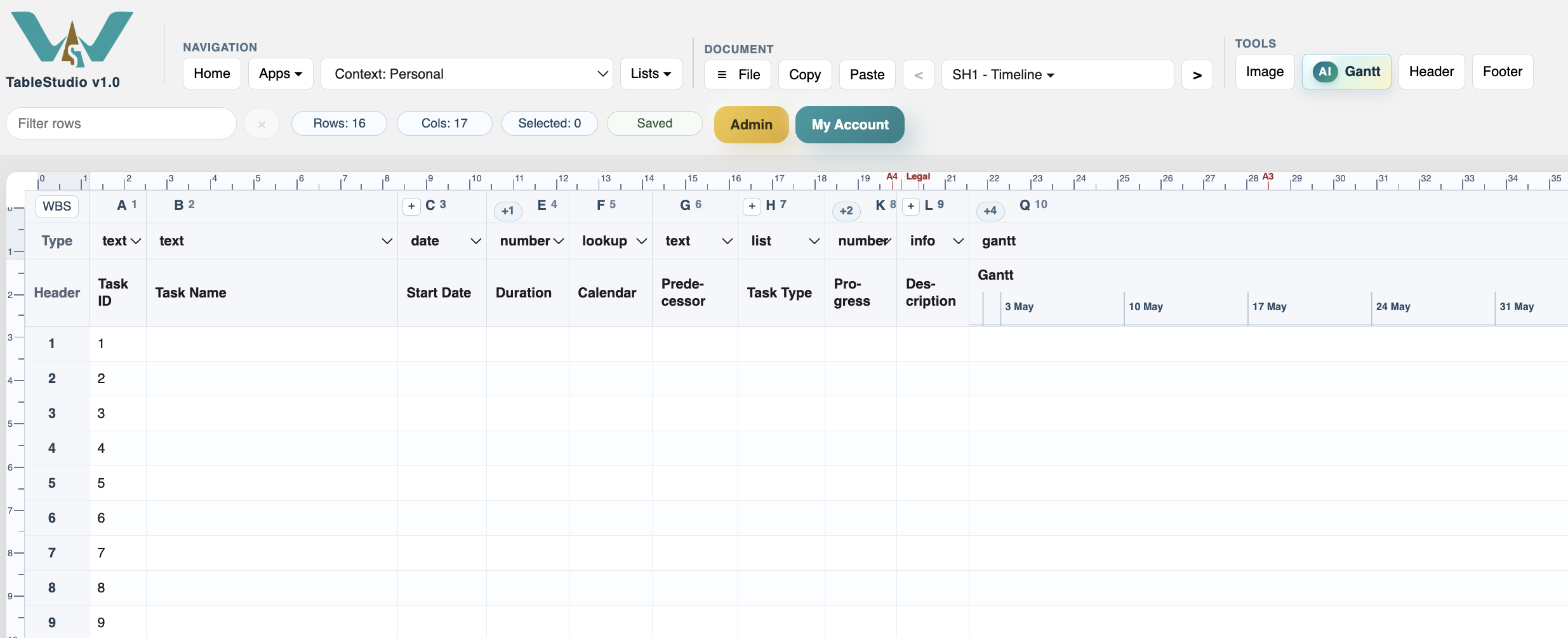 New TimeLine file with default planning columns and an empty Gantt chart.