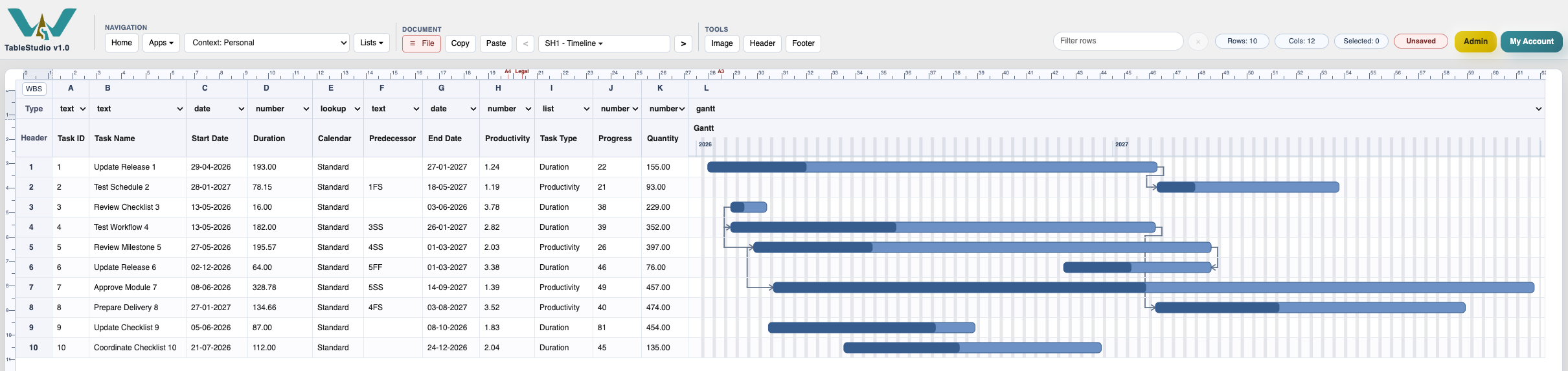 Compact TimeLine Gantt example with several linked tasks.