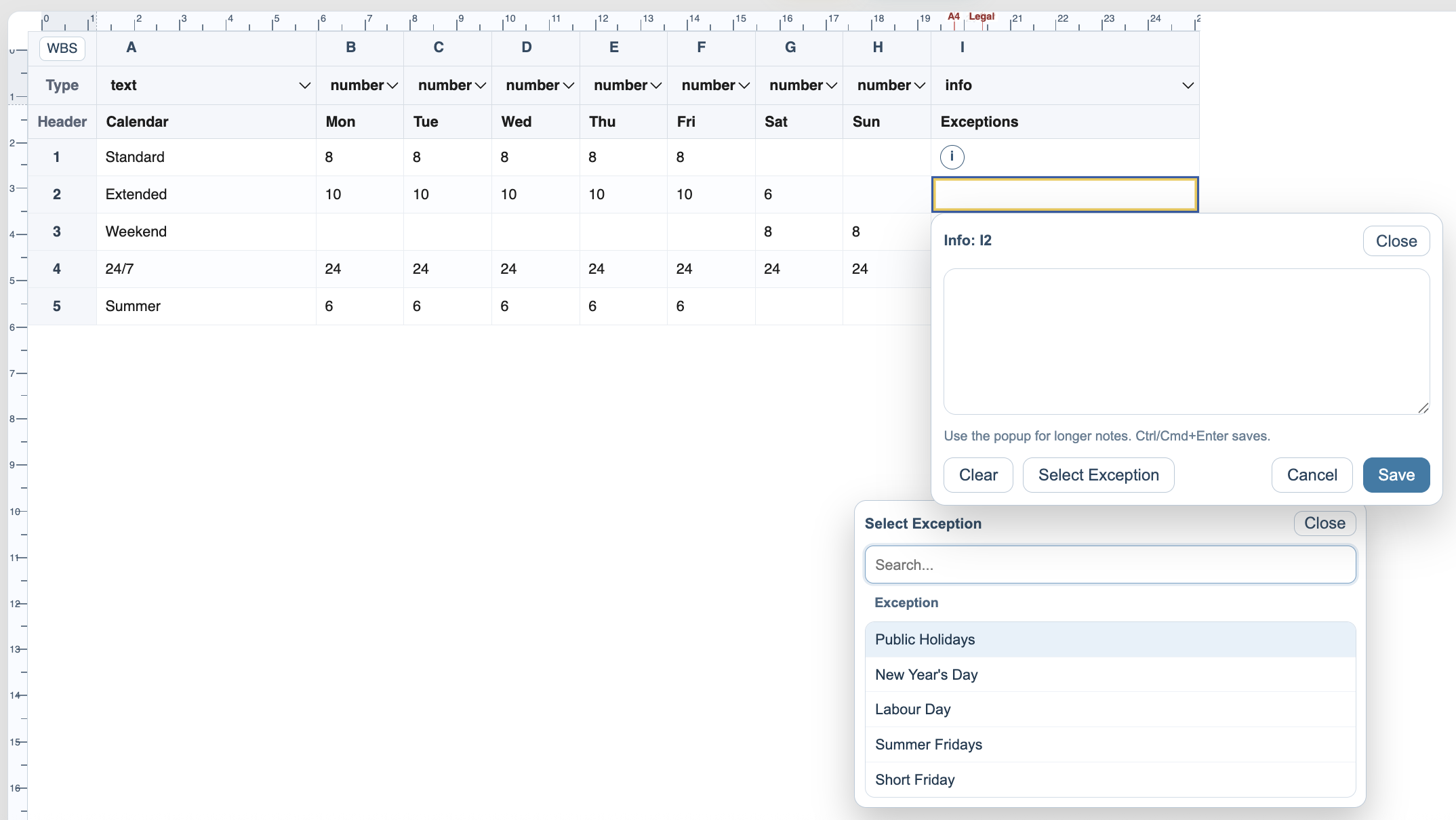Select Exception popup showing Public Holidays, Labour Day, Summer Fridays, and Short Friday.
