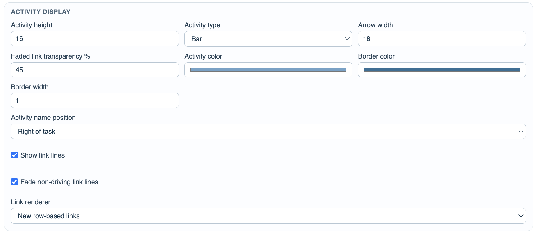 Gantt settings Activity Display section.