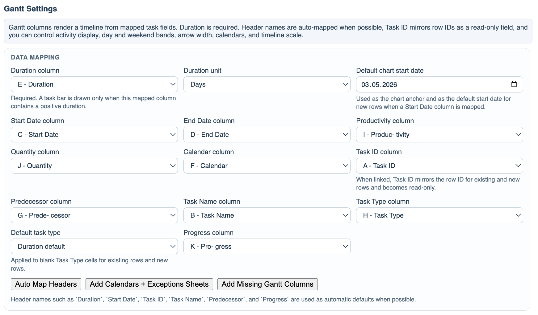 Gantt settings Data Mapping section.