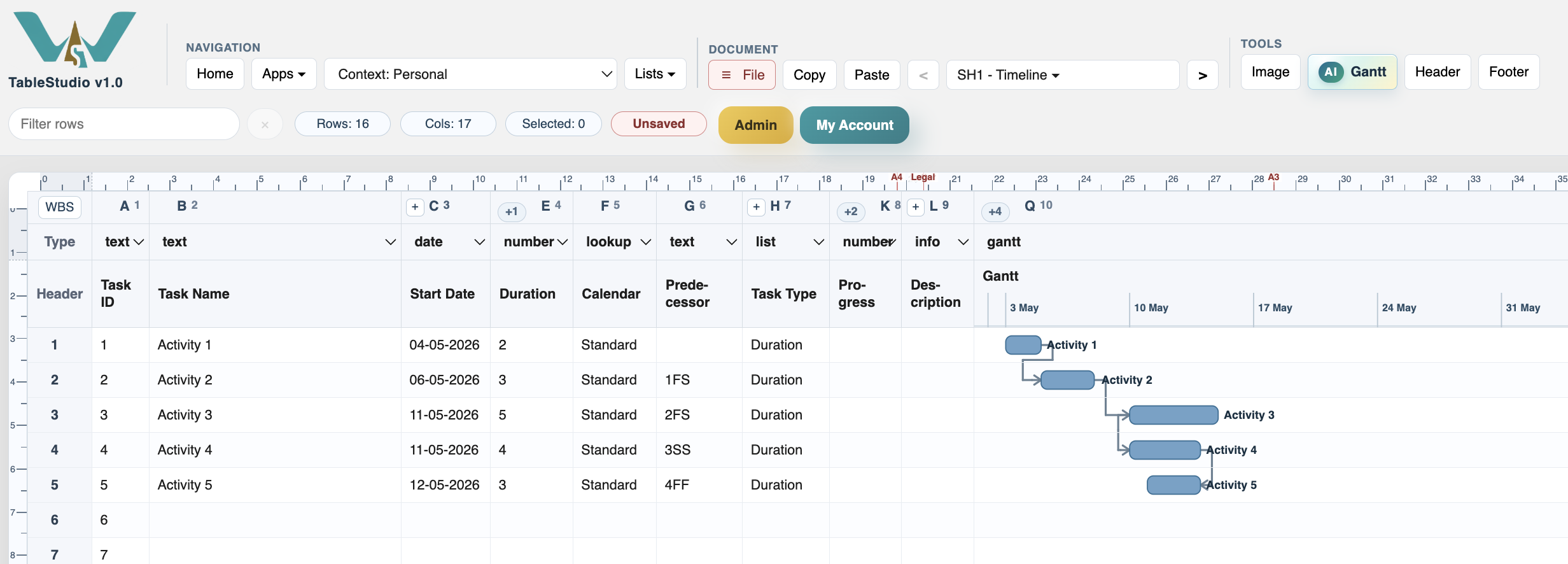 Linked TimeLine schedule with calculated start dates and predecessor links.
