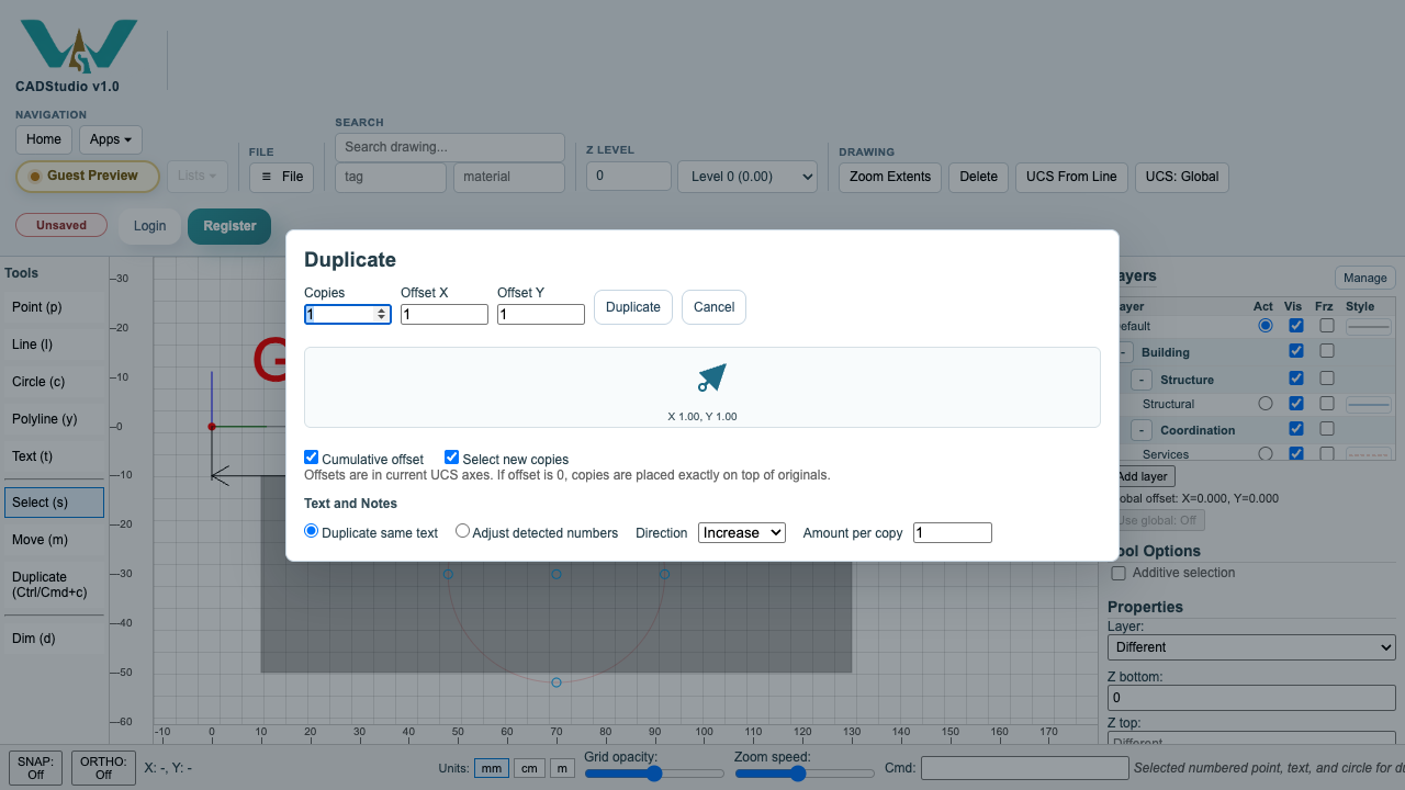 CADStudio duplicate dialog default offset arrow.
