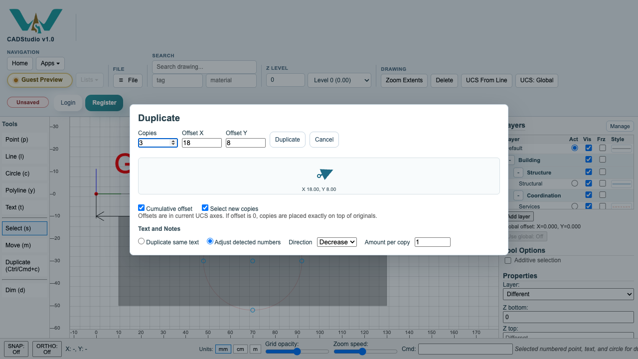 CADStudio duplicate dialog with number adjustment.