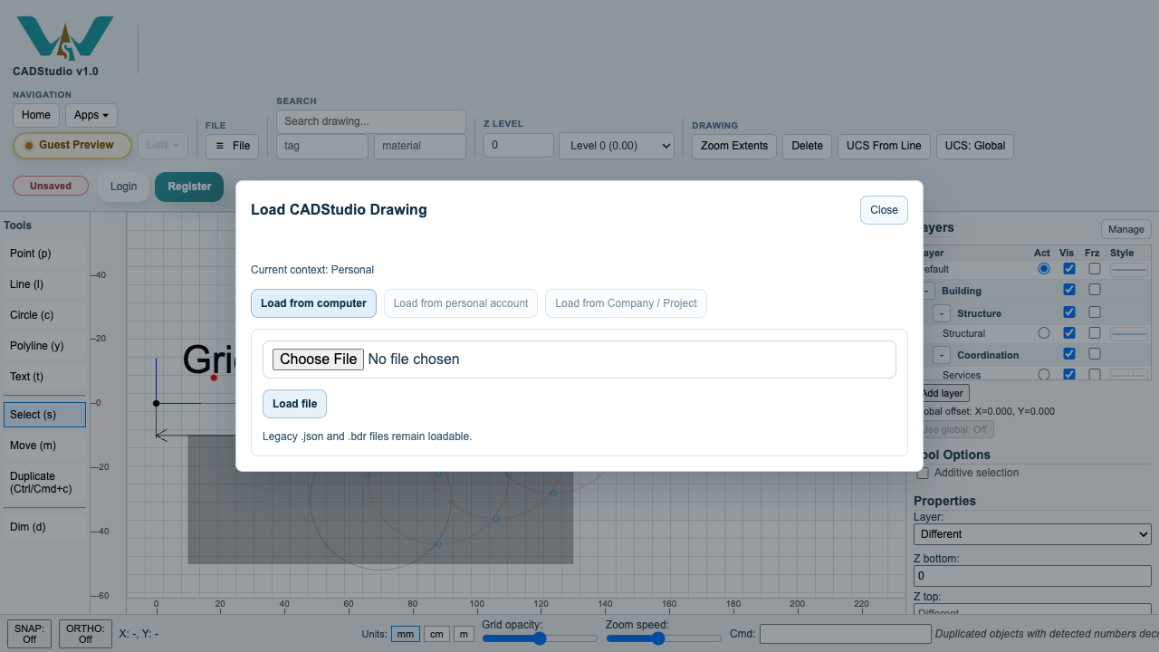 CADStudio load dialog.