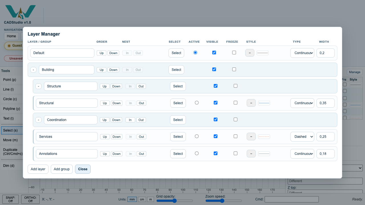 CADStudio nested layer groups.