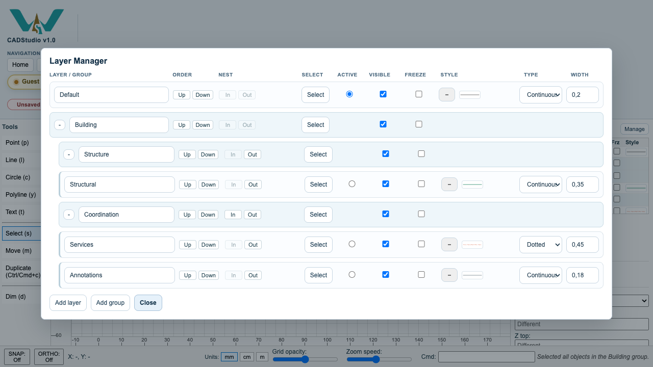 CADStudio selecting all objects in a layer group.