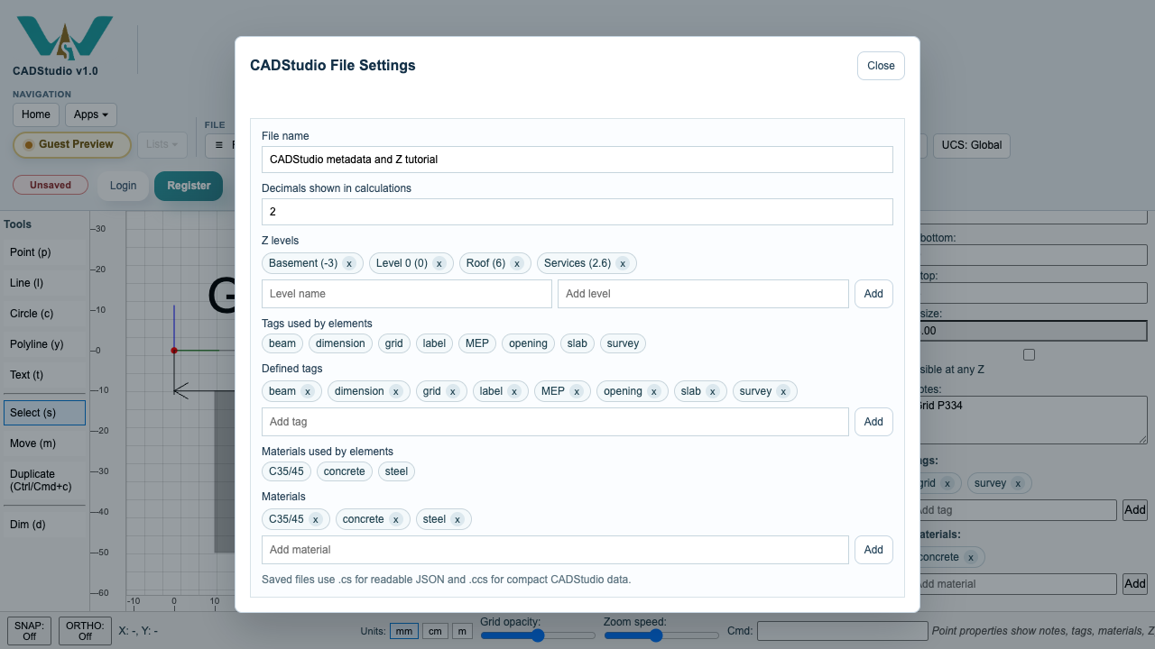 CADStudio File Settings with tags materials and Z levels.