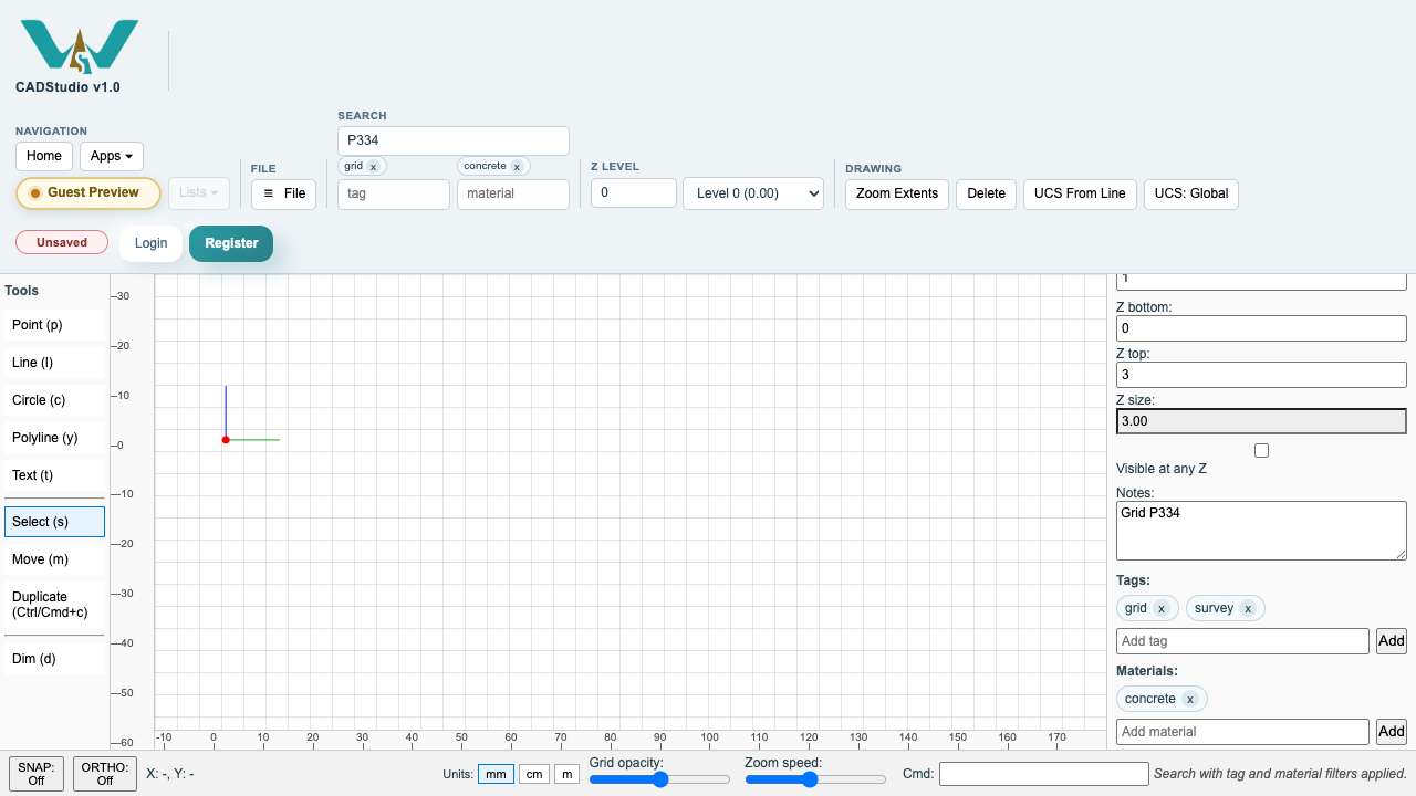 CADStudio search with tag and material filters.