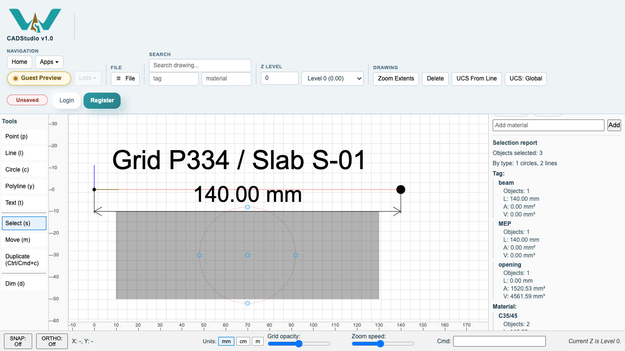 CADStudio current Z level set to Level 0.