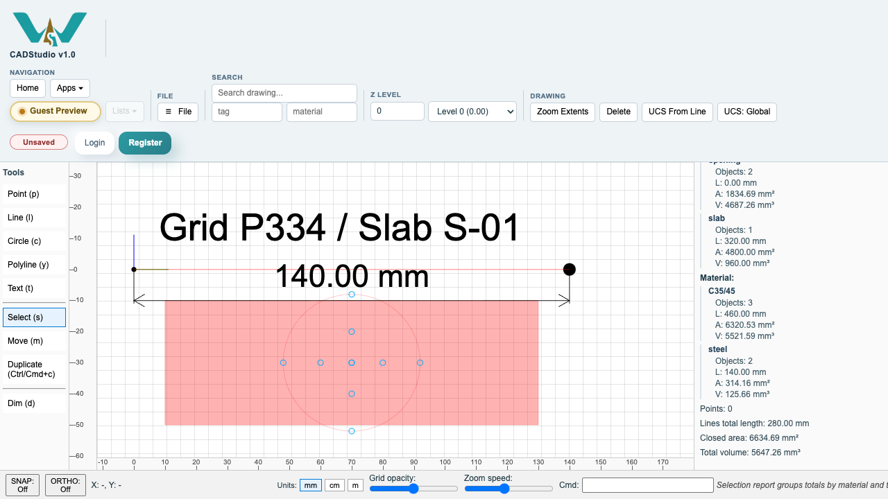 CADStudio selection report grouped by tag and material.