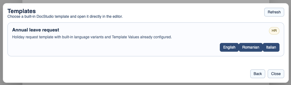 DocStudio template browser with the annual leave request language buttons.