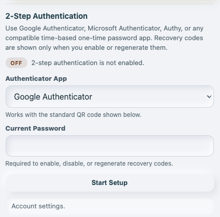 My Account showing the 2-Step Authentication section in the Off state.