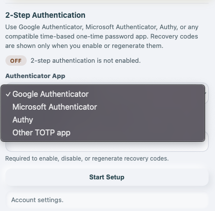 My Account with the authenticator-app dropdown open.