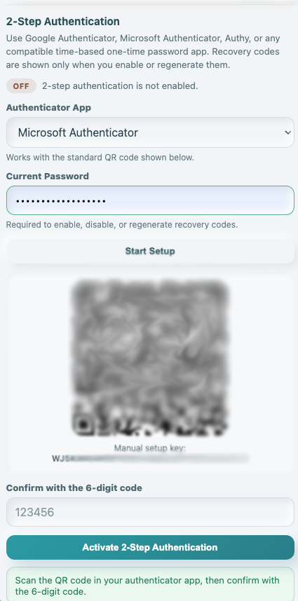 My Account showing the authenticator setup area with the QR and manual key redacted.