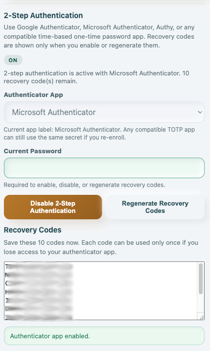 My Account showing the recovery-codes area with the code list redacted.