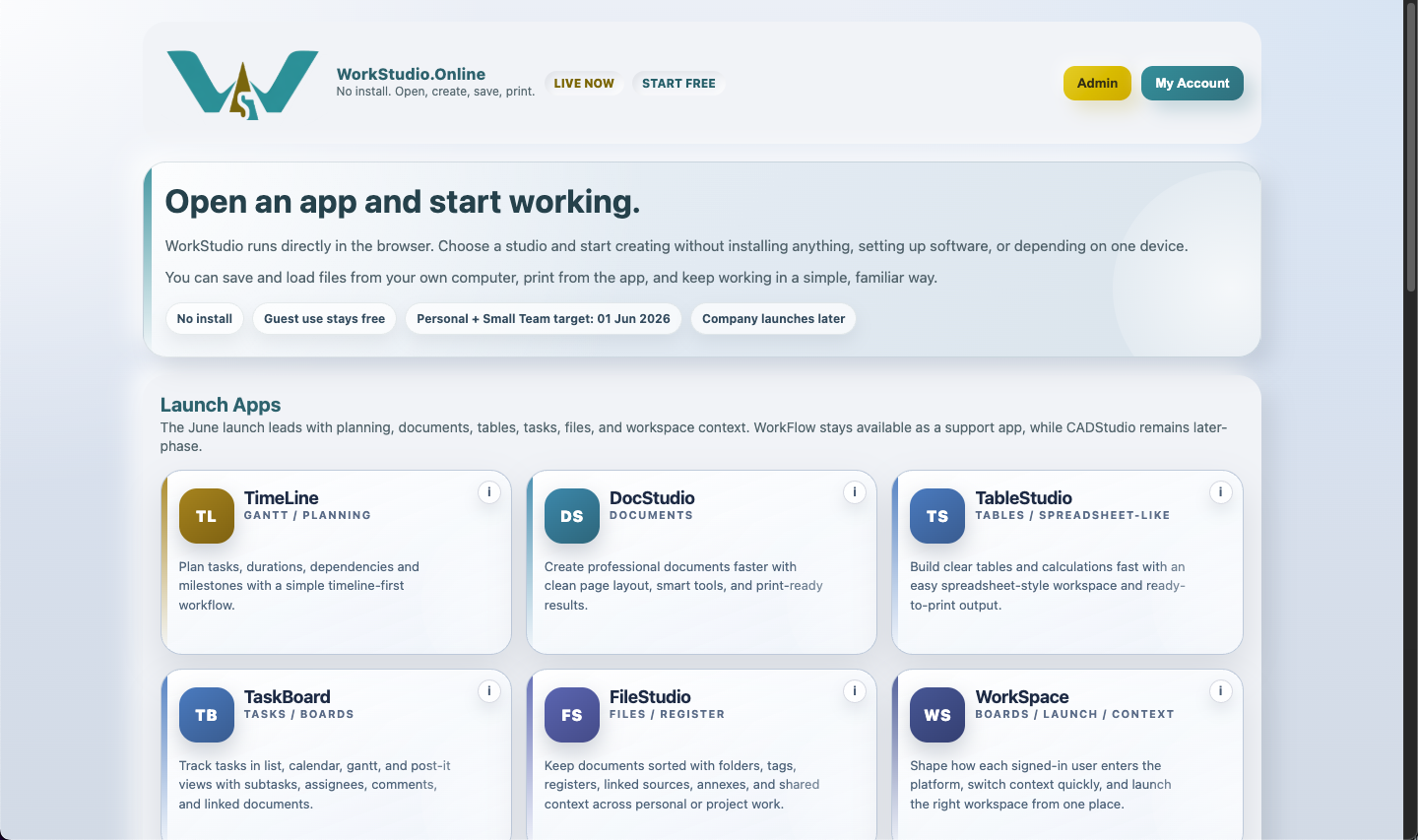 WorkStudio home page showing the launch apps surface with the TimeLine card.