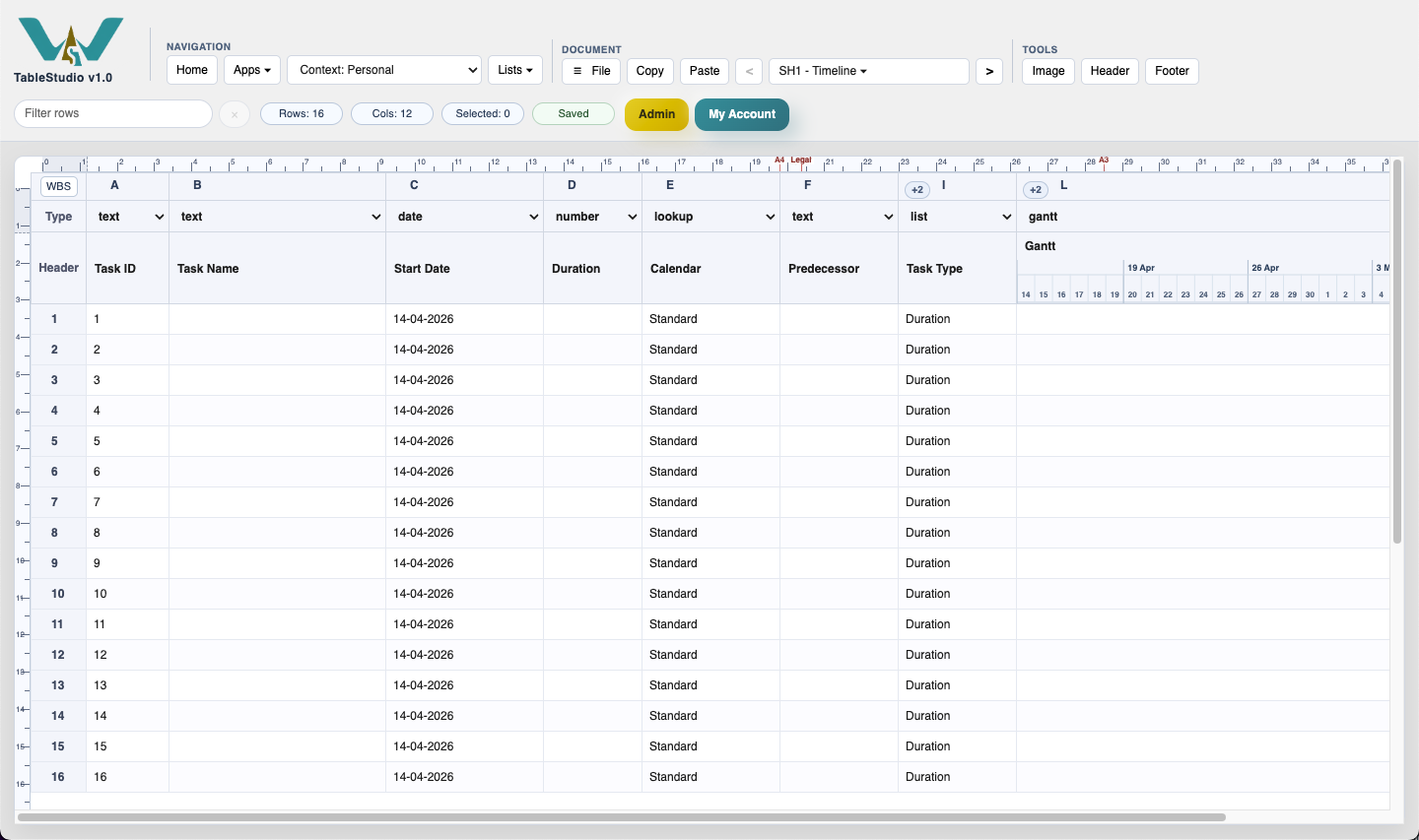 Blank TimeLine preset open in the browser with the planning grid visible.