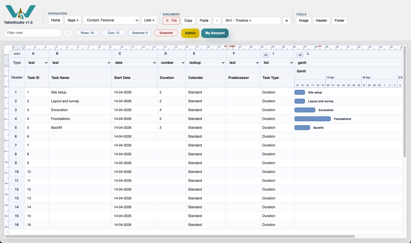 TimeLine with durations entered and the first Gantt bars visible.