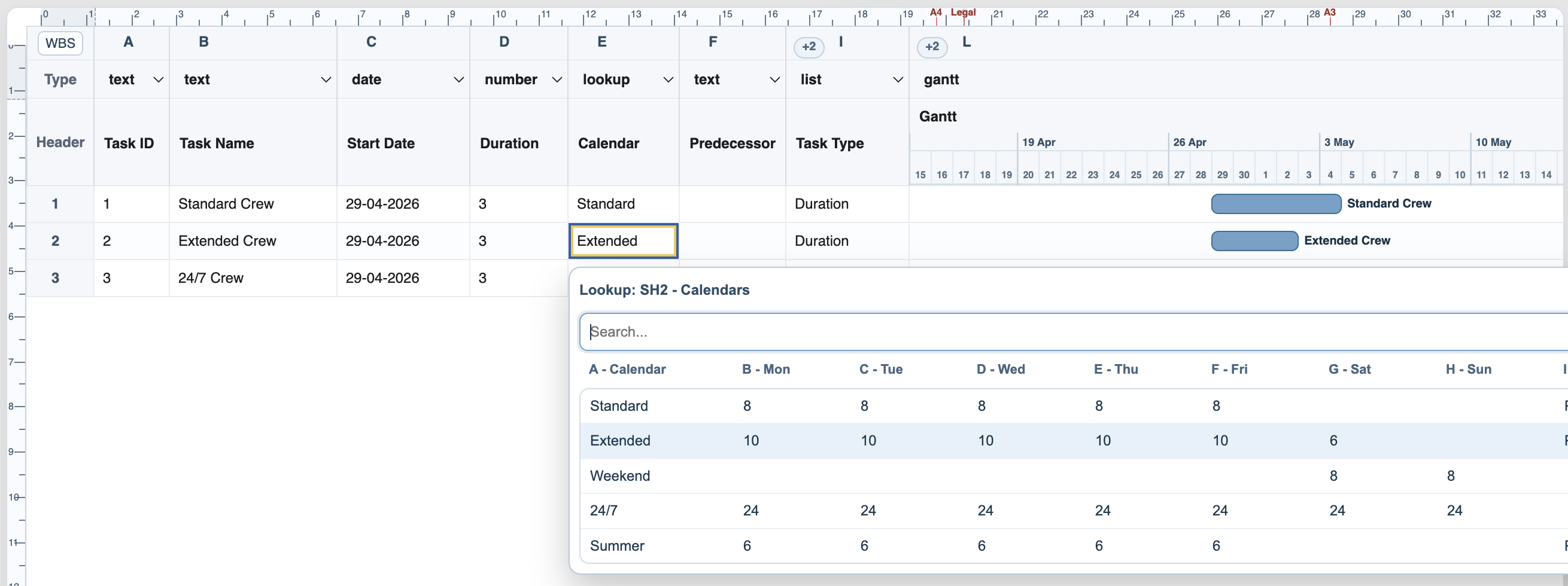 TimeLine with the calendar picker open in the Calendar column.