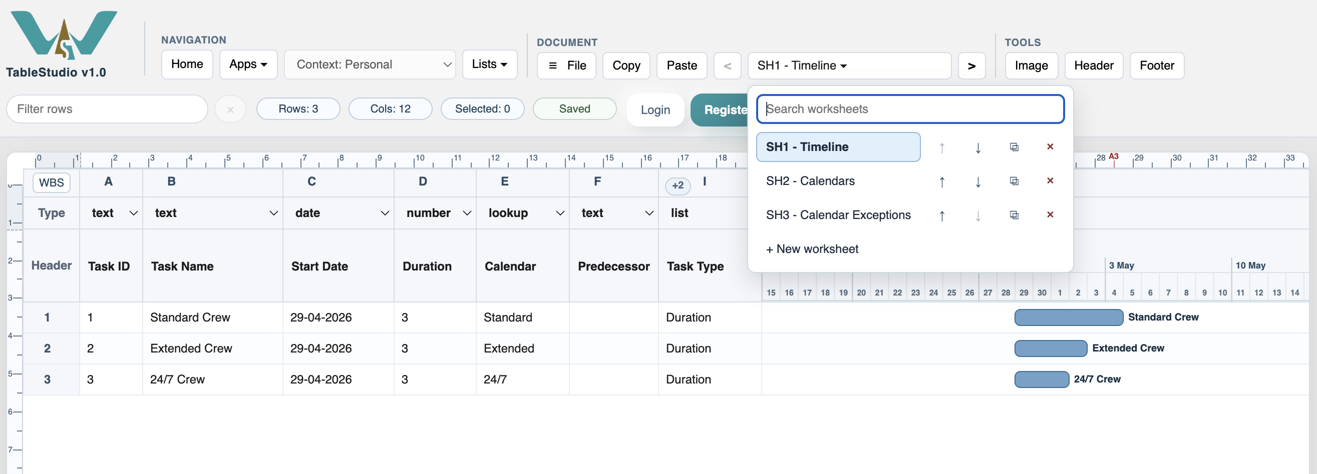 The worksheet switcher open in TableStudio, showing the TimeLine, Calendars, and Calendar Exceptions sheets.