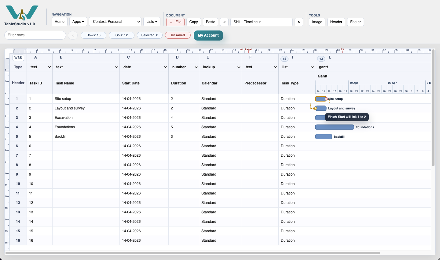 TimeLine showing the dashed draft link between the first two tasks before the link is committed.
