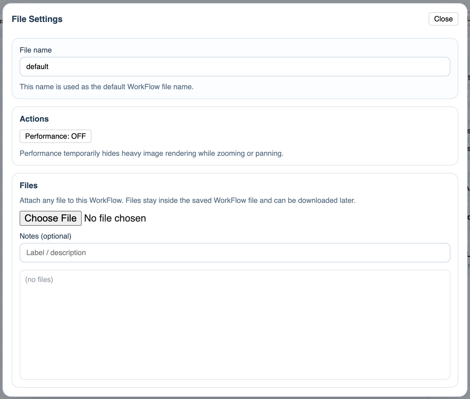 WorkFlow File Settings dialog