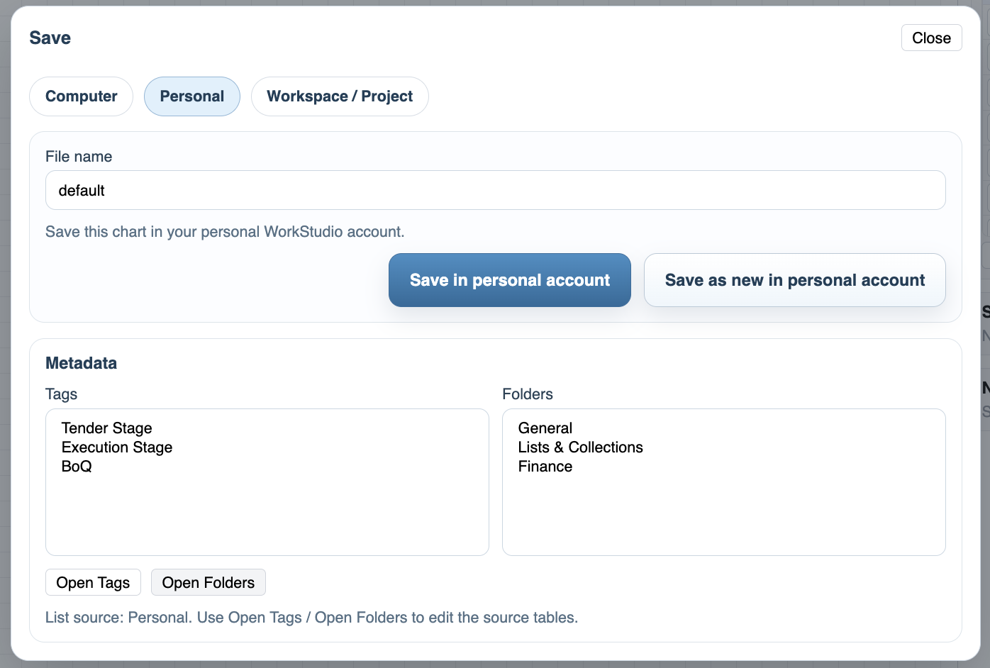 WorkFlow save in personal account dialog