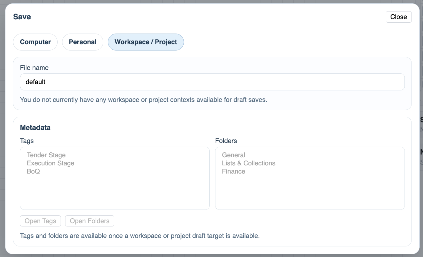 WorkFlow workspace and project save dialog