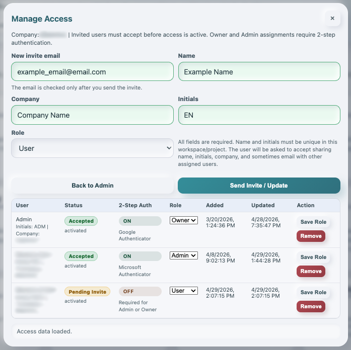 WorkStudio Manage Access modal with invite fields and member statuses