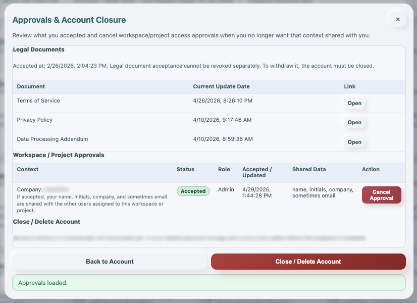 Approvals modal showing legal documents and workspace approvals