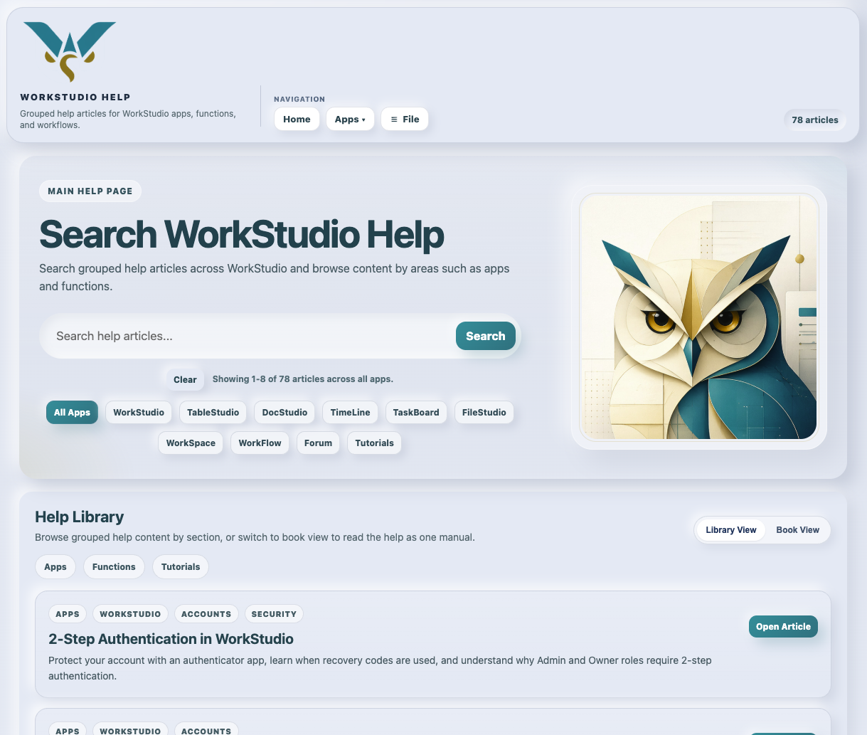 WorkStudio Help app main page