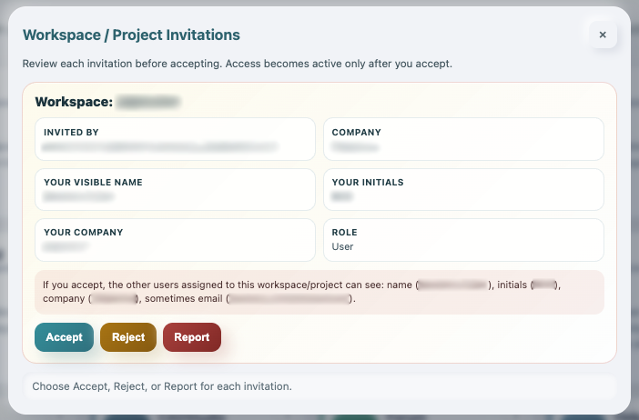 Workspace or project invitation modal