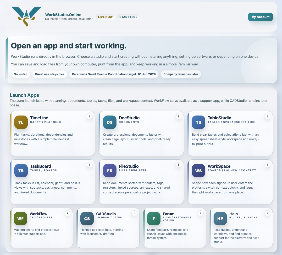WorkStudio main page while signed in