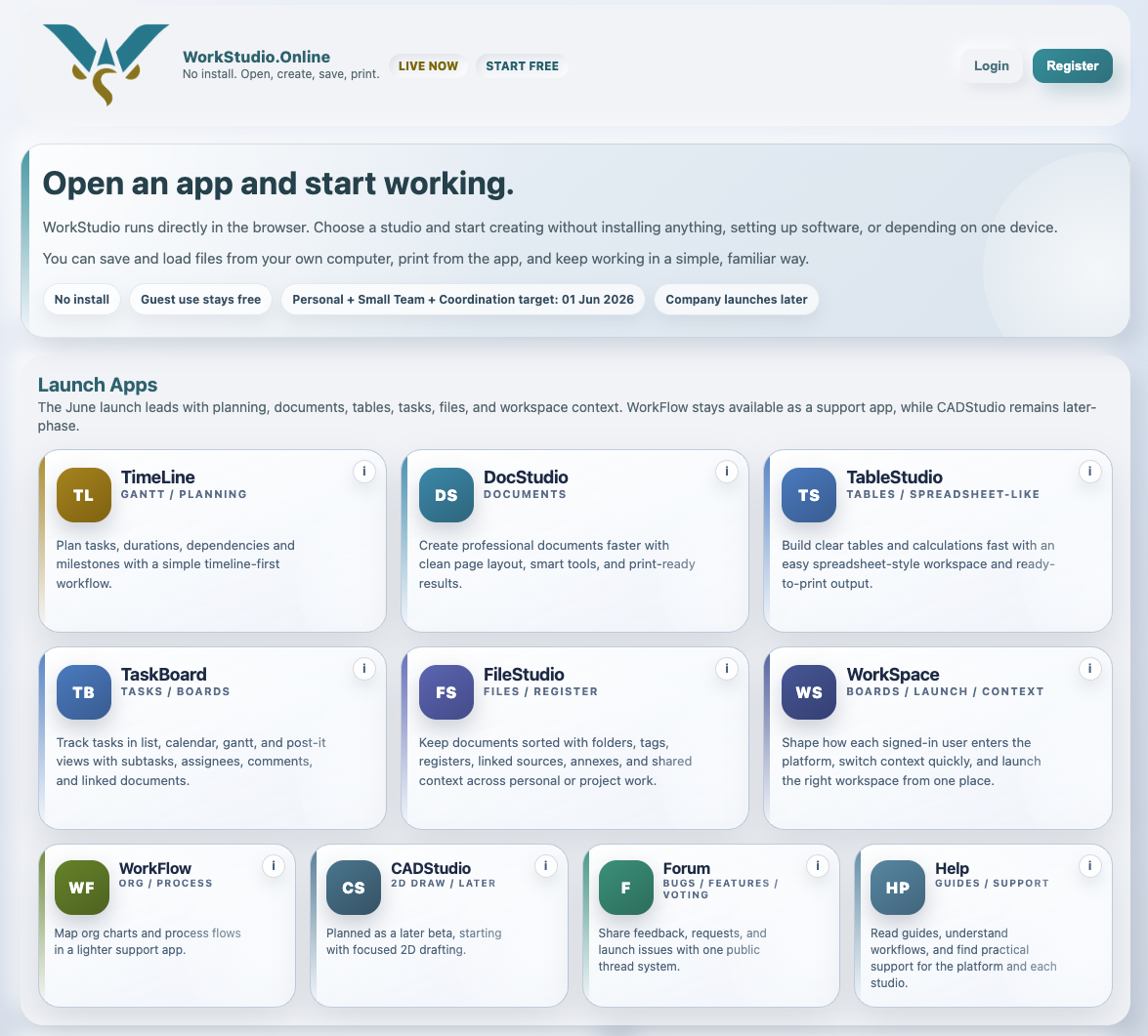 WorkStudio main page while signed out