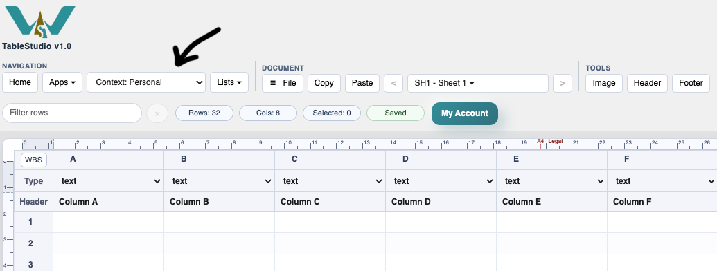 TableStudio showing the WorkStudio toolbar context