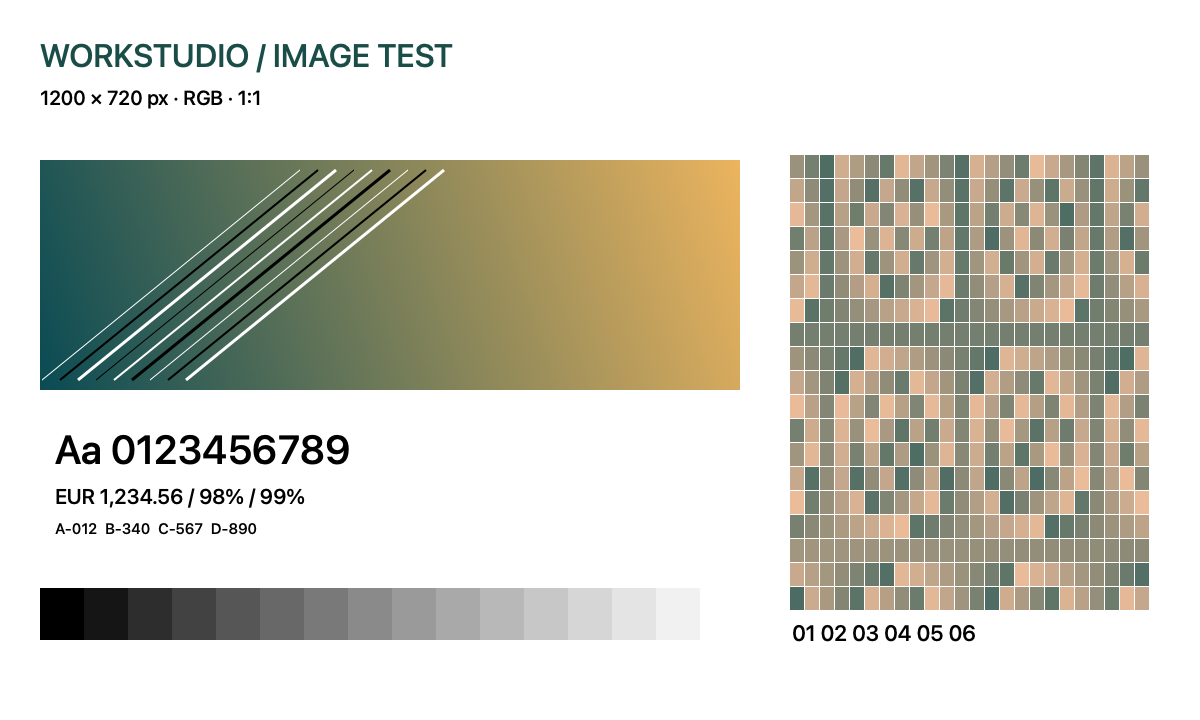Original synthetic test chart with text, diagonal lines, a gradient, grey steps and coloured texture.