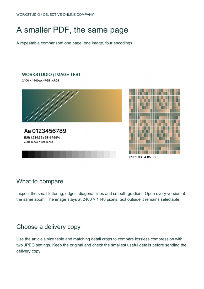 Complete PDF compression example with a heading, a test illustration and selectable explanatory text