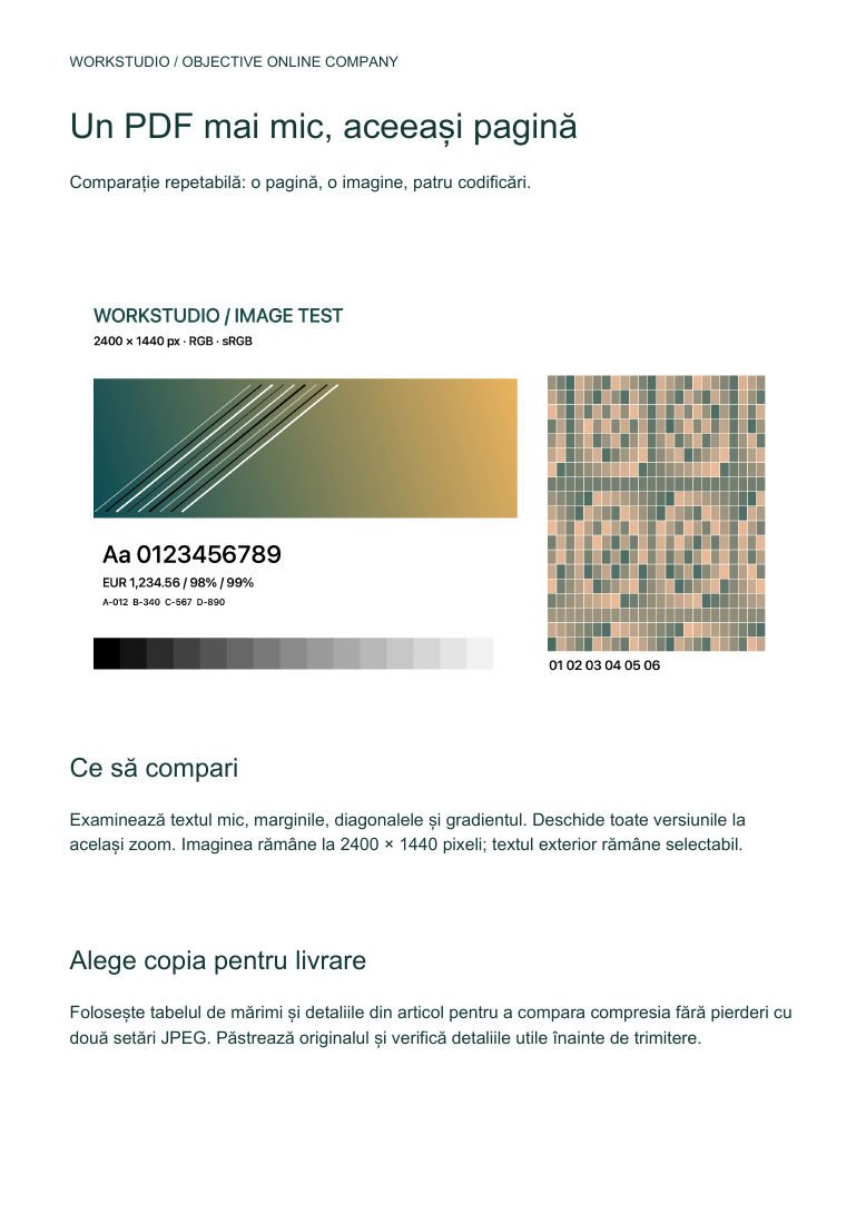 Pagina completă a exemplului de compresie PDF, cu titlu, ilustrație de test și text explicativ selectabil