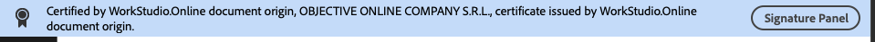 Certified by WorkStudio.Online document origin, OBJECTIVE ONLINE COMPANY S.R.L.; butonul Signature Panel în dreapta.