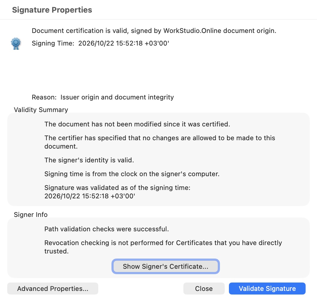 Signature Properties din Acrobat, cu butonul Show Signer’s Certificate.